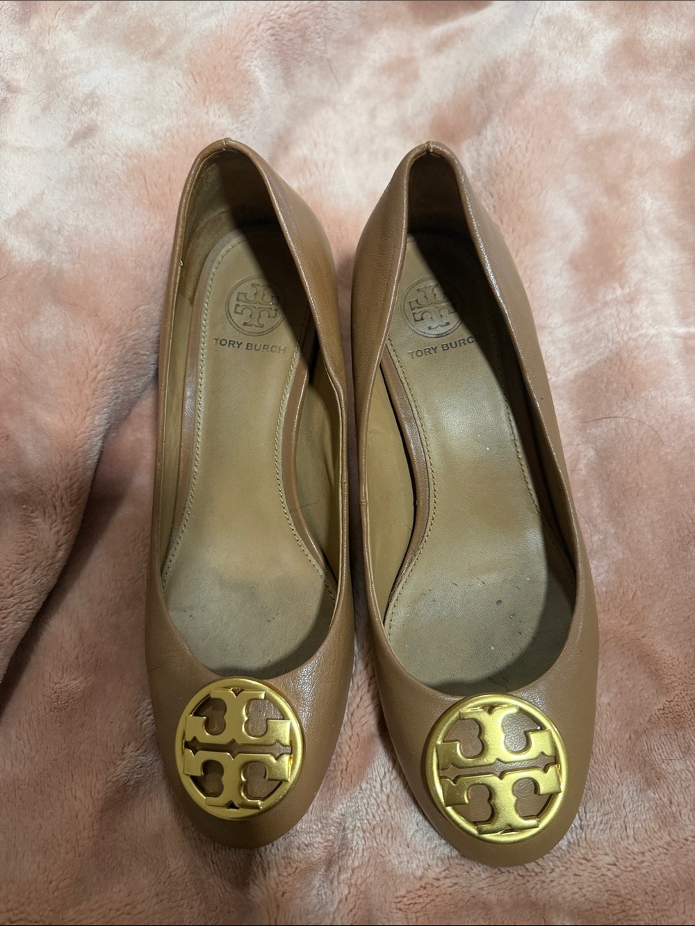 Tory Burch Brown Leather Logo Round-Toe Ballet Flats
